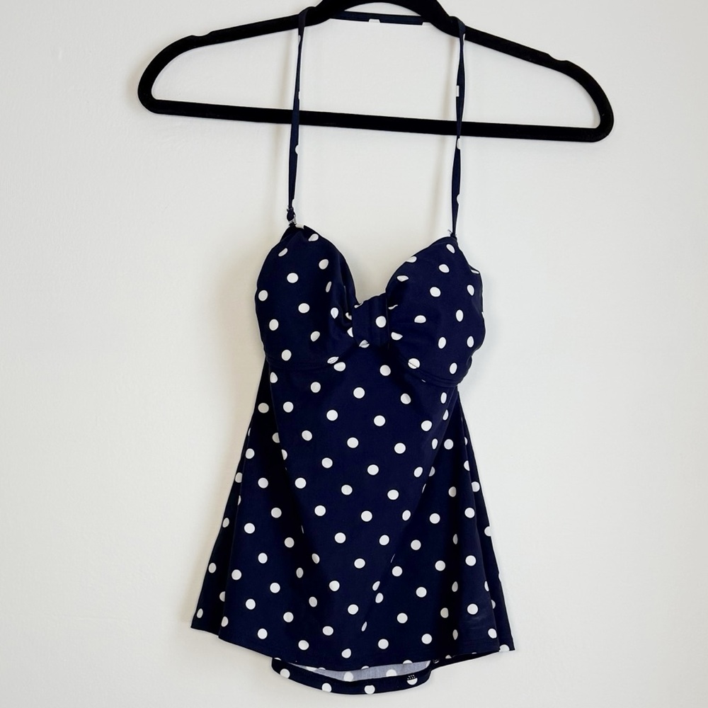 Talbots Navy and White Polka Dot Swimsuit Top with Ruching at Cup Edges